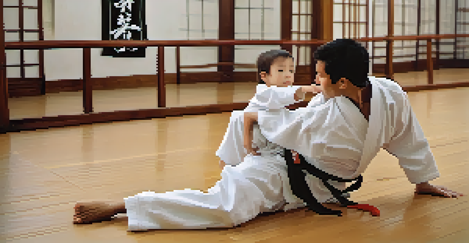 A martial arts instructor teaching a child a technique in a dojo, showcasing focus and guidance.