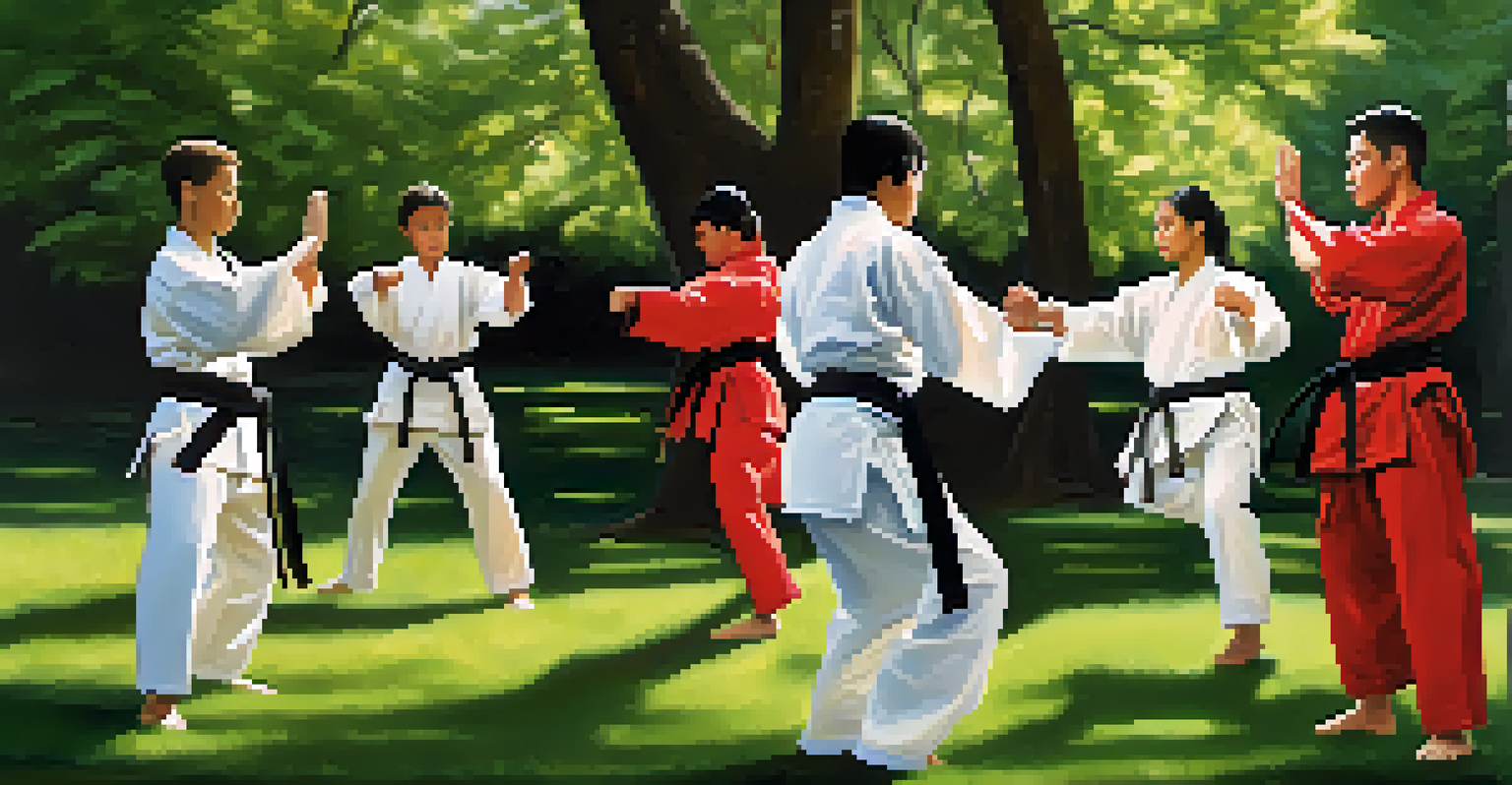 Diverse martial arts practitioners training together in a park with trees, showcasing various uniforms and expressions of focus and determination.
