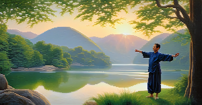 A person practicing Tai Chi in a peaceful outdoor setting during sunrise, with soft light and greenery around.
