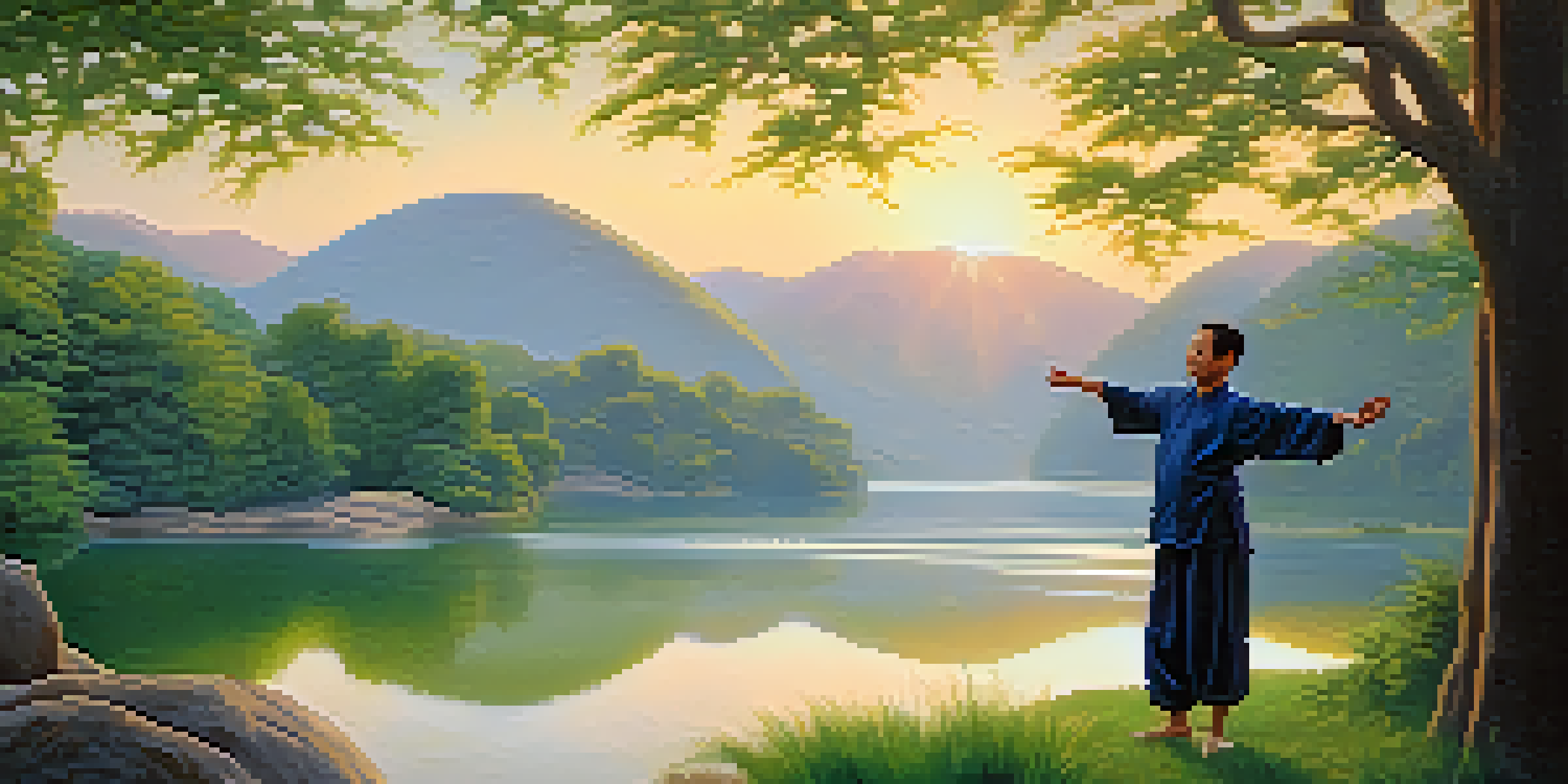 A person practicing Tai Chi in a peaceful outdoor setting during sunrise, with soft light and greenery around.