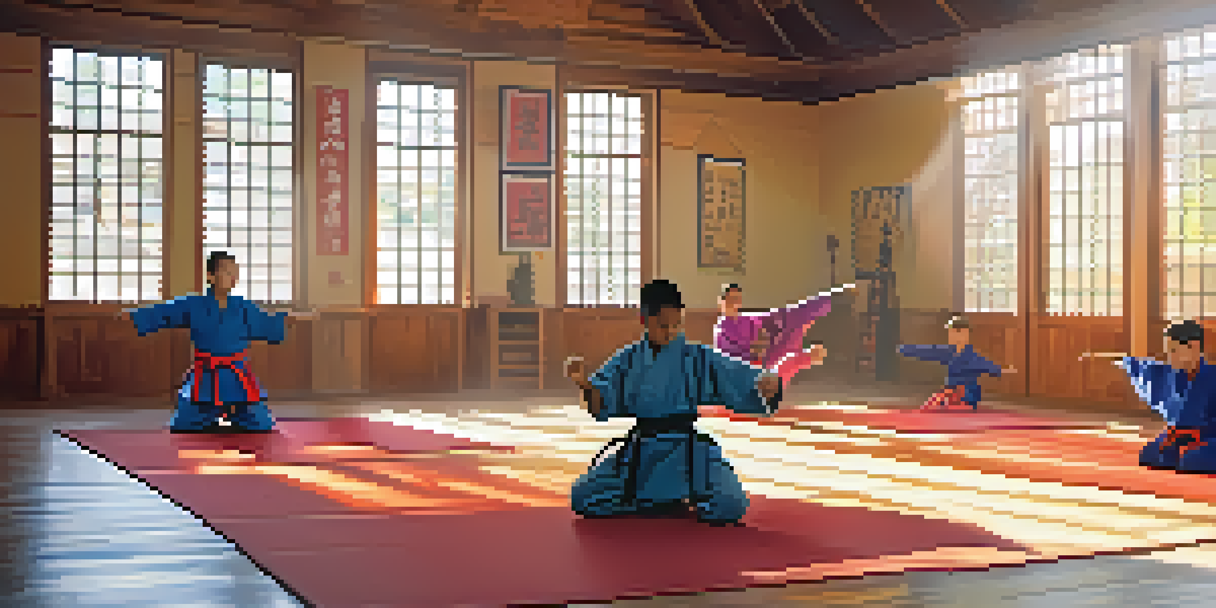 A lively martial arts class with diverse students practicing together on mats under sunlight.