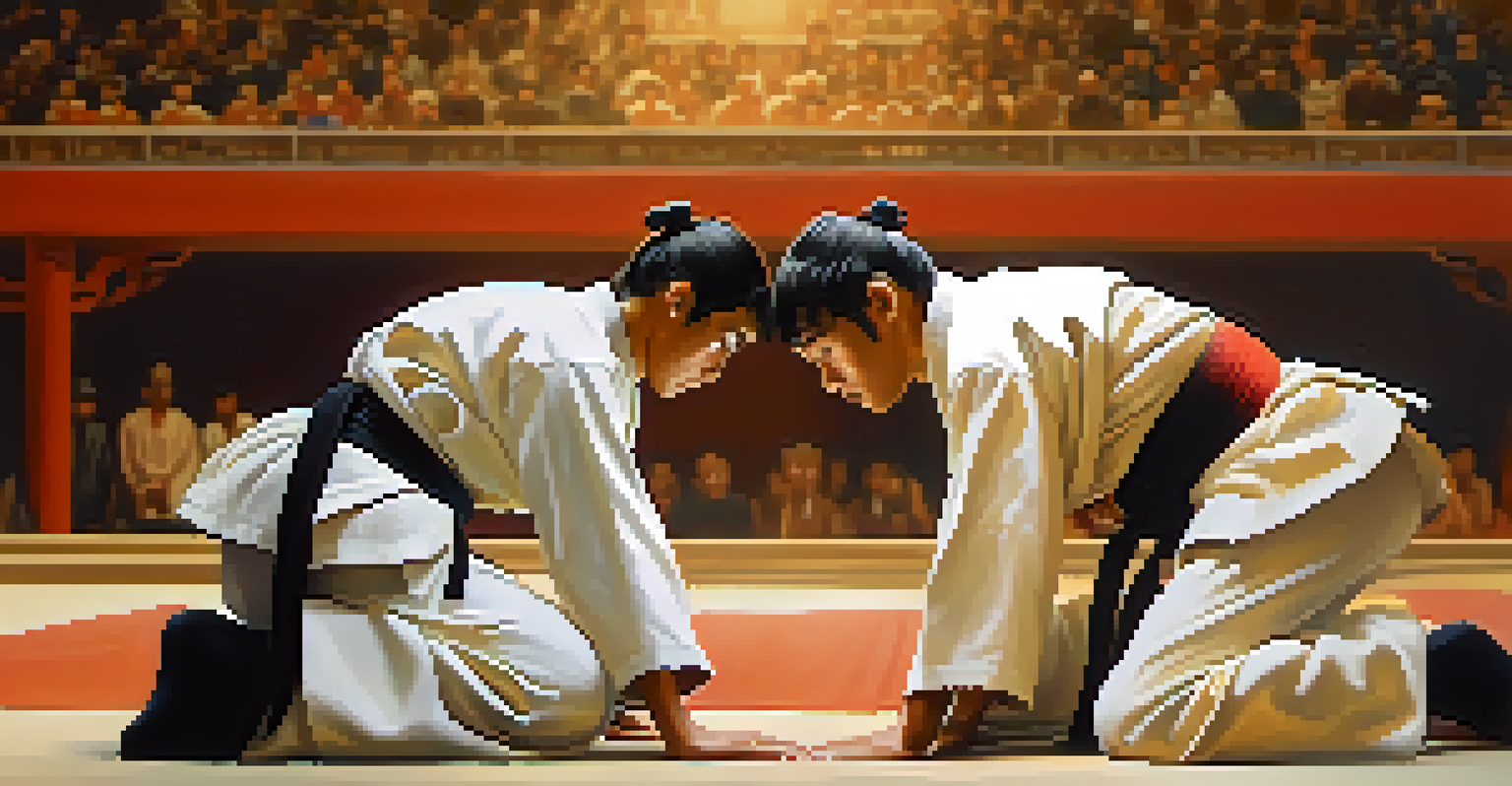 Two martial arts competitors bowing to each other before a match, showcasing respect and tradition in their detailed uniforms.