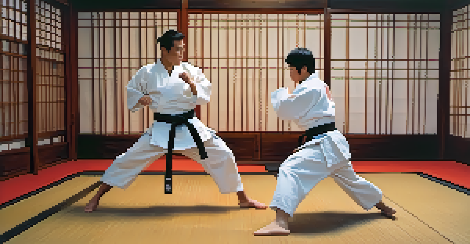 Two karate practitioners sparring in a traditional dojo, displaying various martial arts techniques and movements.