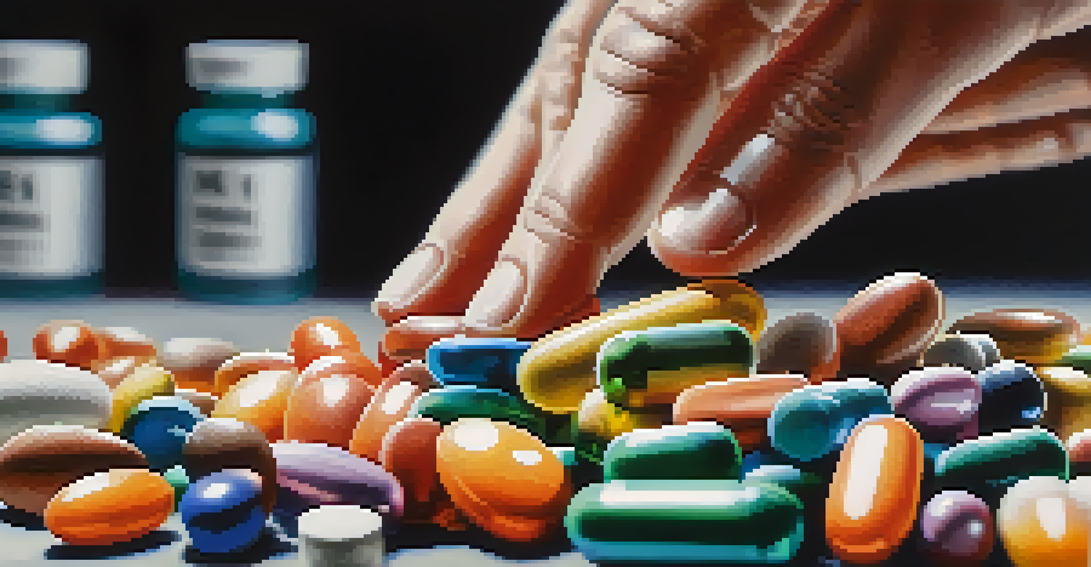 An athlete's hand holding various vitamin and mineral supplements in a gym.