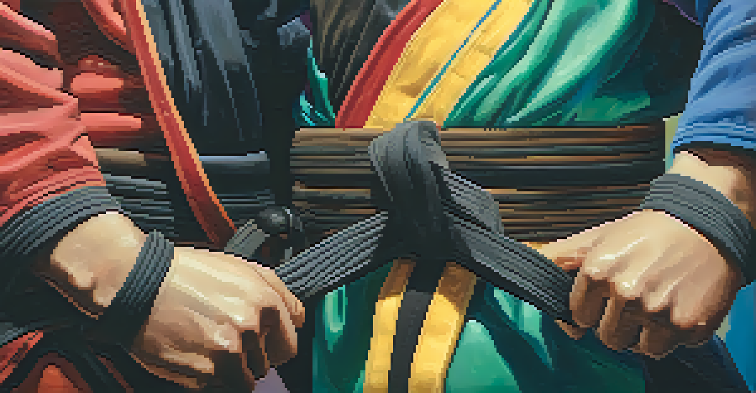 Close-up of hands tying a gender-neutral martial arts belt, symbolizing empowerment and inclusivity.