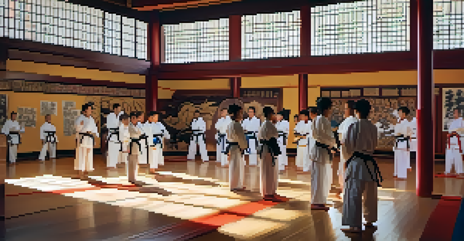 A diverse group of martial arts students practicing in a sunlit dojo, displaying focus and determination, with inspirational quotes on the walls.