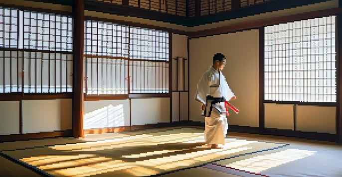 A tranquil dojo with wooden floors and sunlight streaming through windows, featuring a person in a meditative pose.