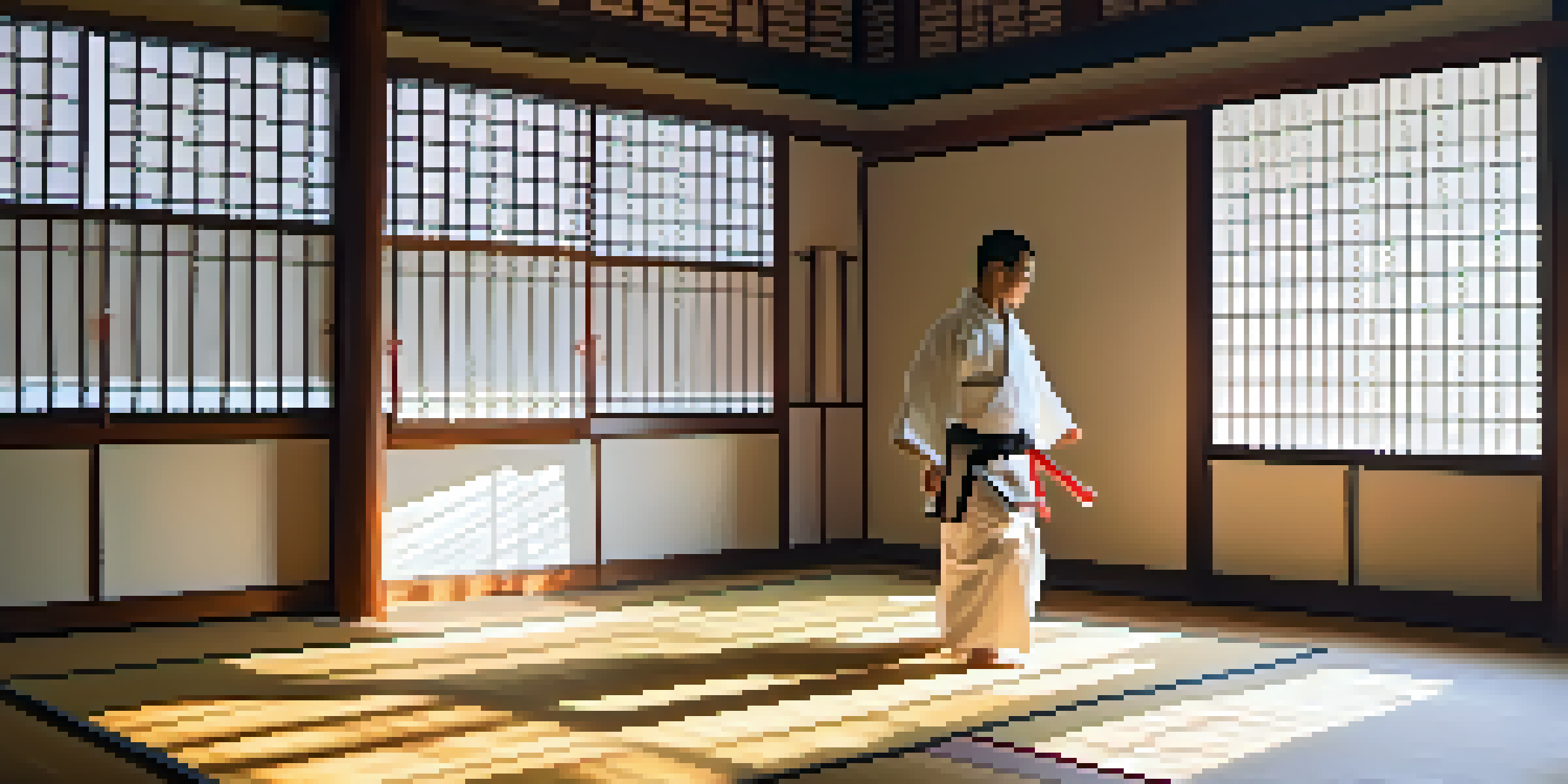 A tranquil dojo with wooden floors and sunlight streaming through windows, featuring a person in a meditative pose.