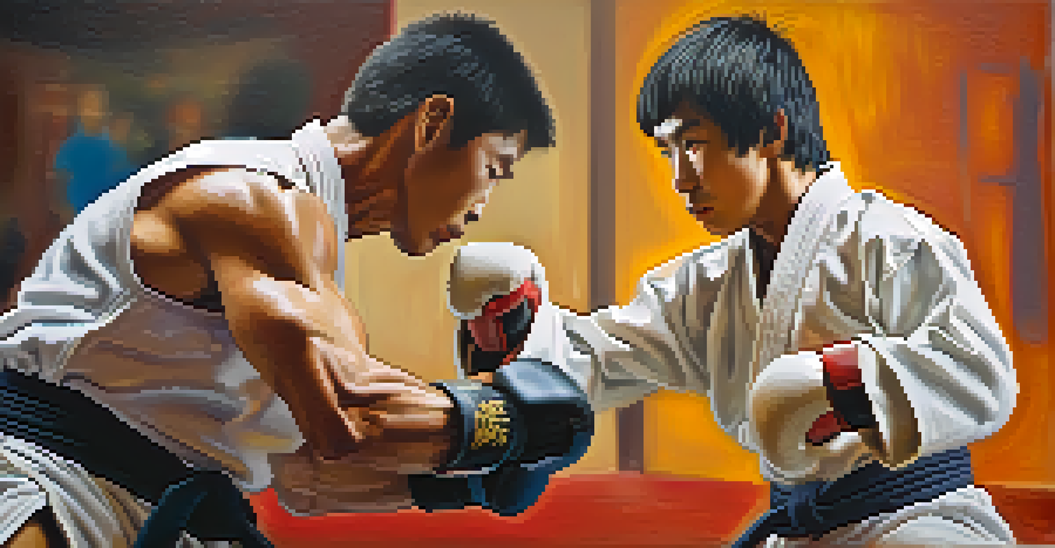 Two martial artists sparring respectfully, highlighting their focused expressions and body language.
