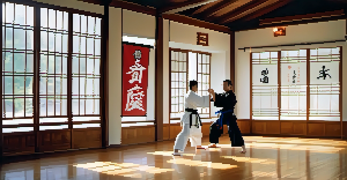 A peaceful martial arts dojo with two practitioners bowing to each other in respect, surrounded by wooden floors and natural light.
