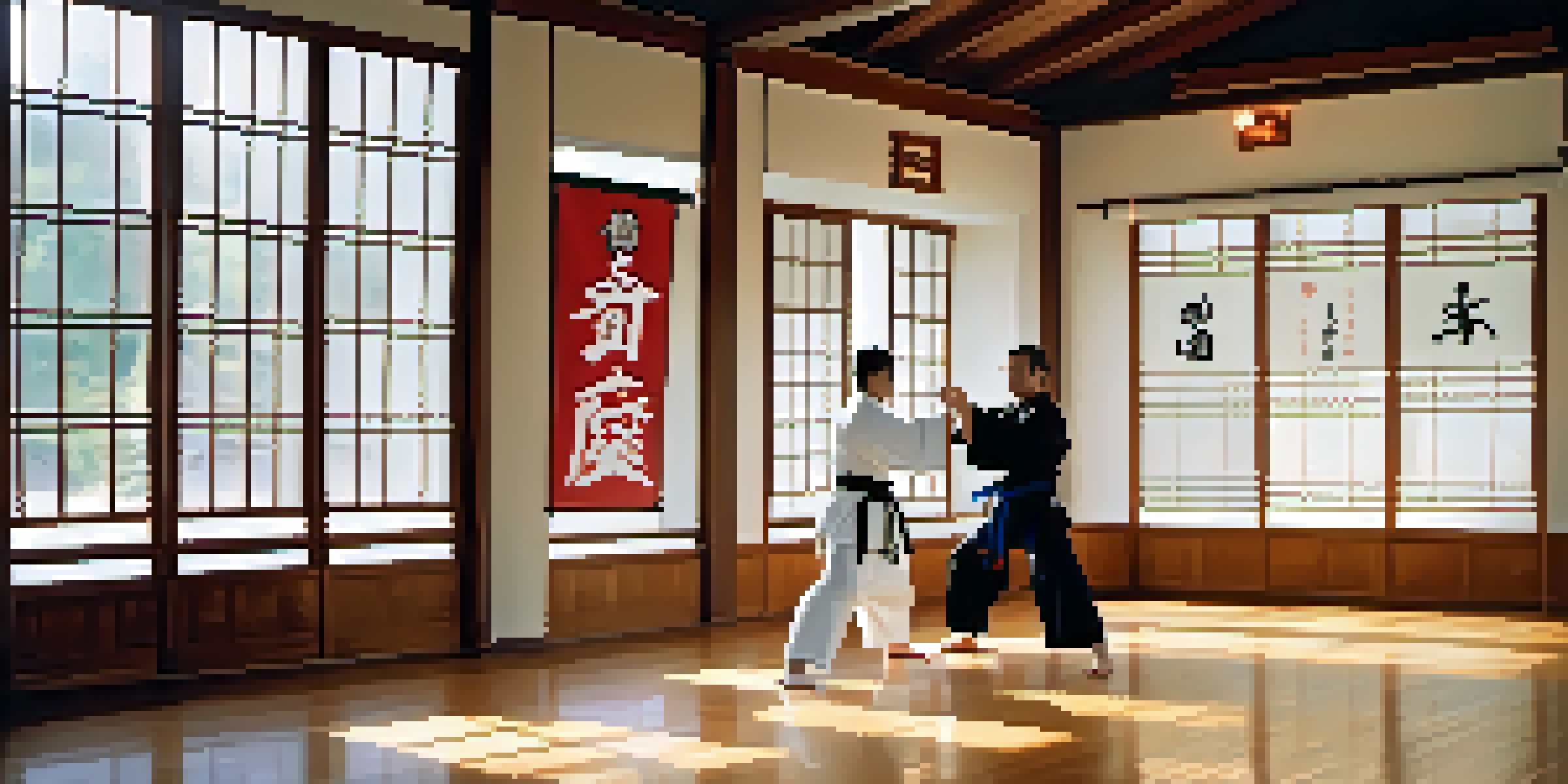 A peaceful martial arts dojo with two practitioners bowing to each other in respect, surrounded by wooden floors and natural light.