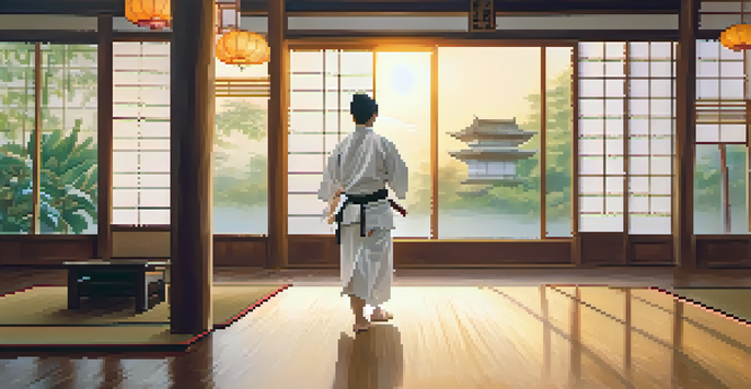 A martial arts practitioner in a white uniform performing a kata in a tranquil dojo during sunrise, with wooden floors and bamboo plants in the background.