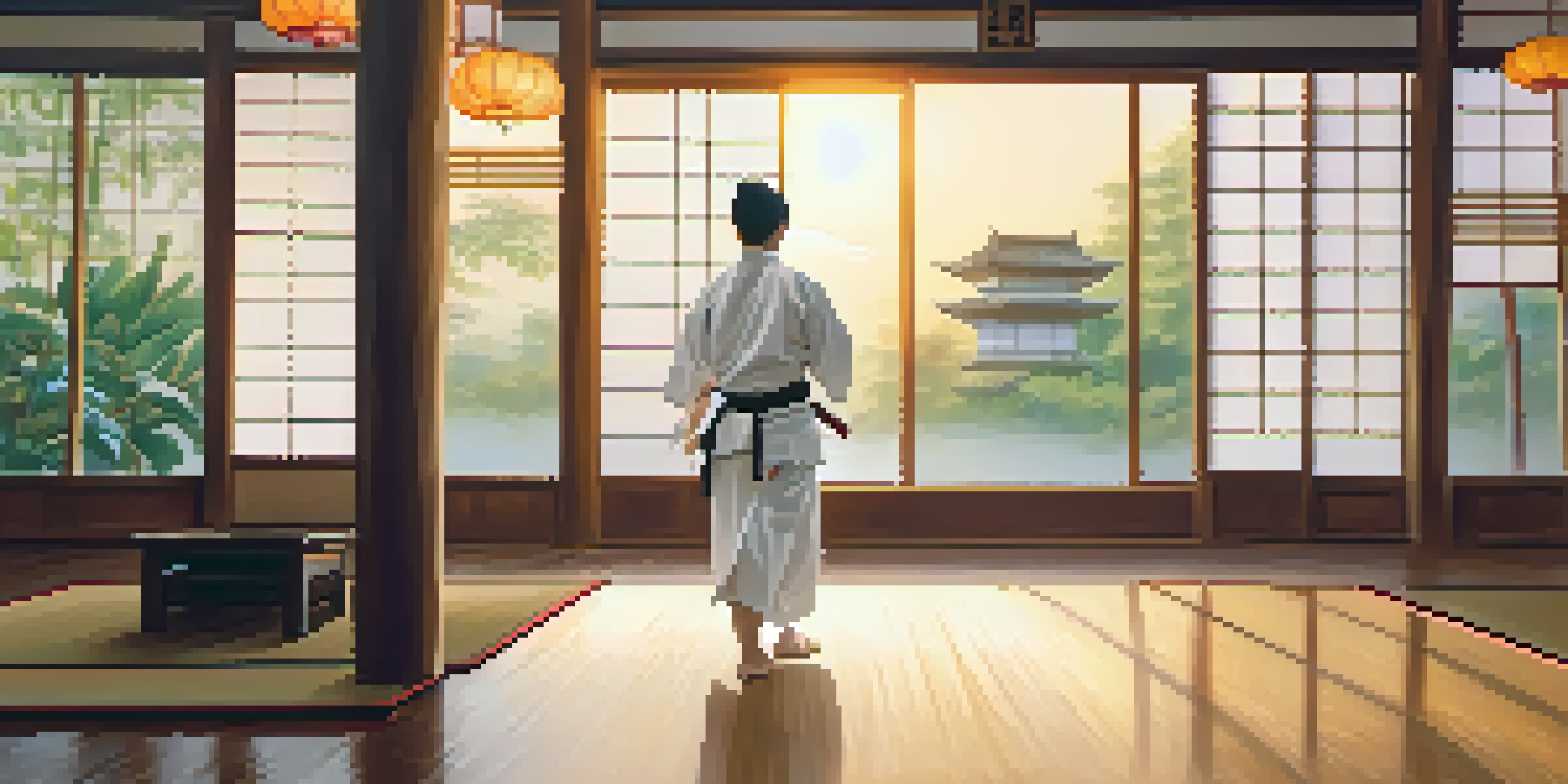 A martial arts practitioner in a white uniform performing a kata in a tranquil dojo during sunrise, with wooden floors and bamboo plants in the background.