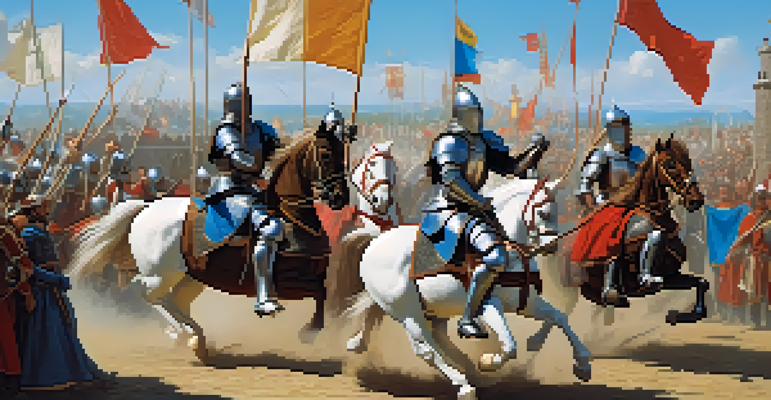 Knights on horseback joust in a tournament, with a cheering crowd and a bright blue sky in the background.