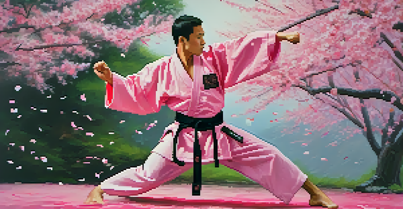 A martial artist performing a kata block under blooming cherry blossom trees, with petals falling around them.