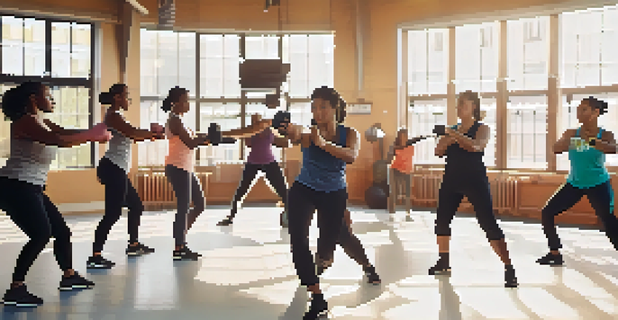 A group of women of different ethnicities practicing self-defense techniques in a well-lit gym with motivational posters.