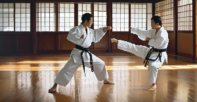 Two martial artists sparring in a dojo, one executing a high kick while the other defends, with wooden floors and soft natural light.