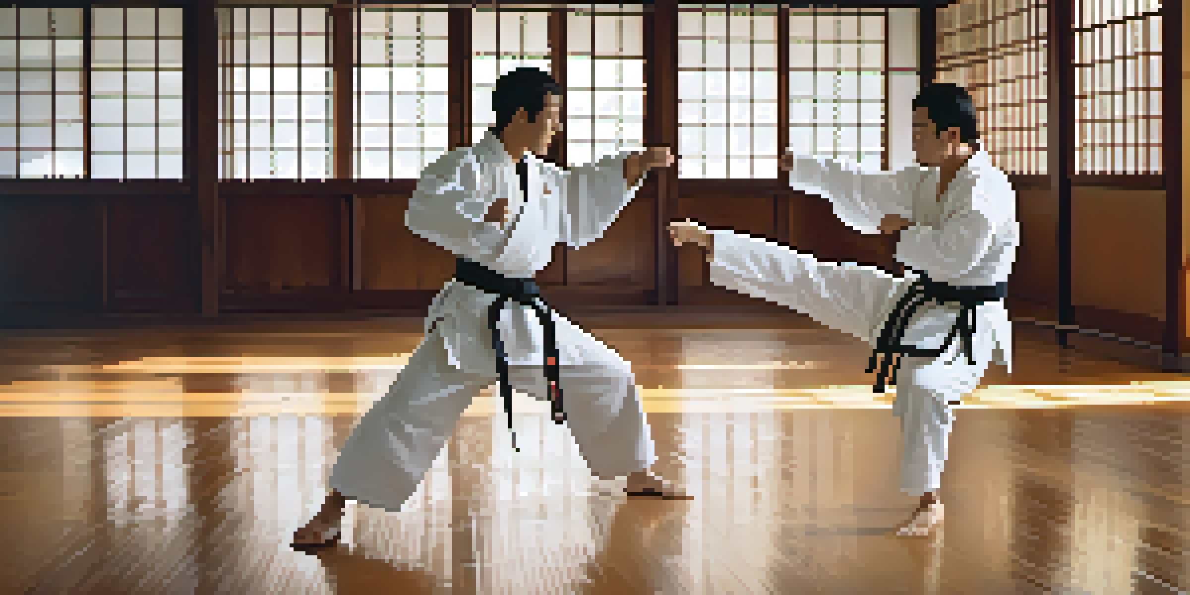 Two martial artists sparring in a dojo, one executing a high kick while the other defends, with wooden floors and soft natural light.