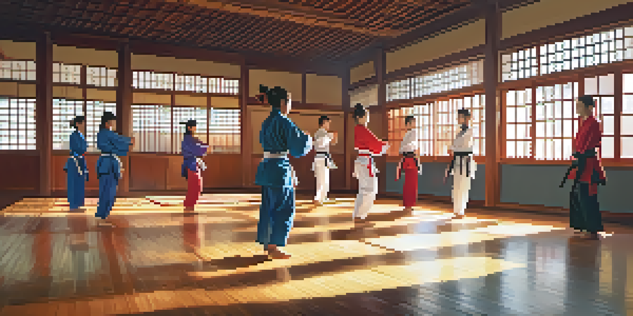 A martial arts dojo with students practicing self-defense techniques under the guidance of a female instructor, surrounded by warm lighting and colorful uniforms.