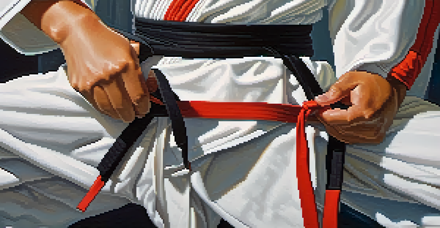 A close-up of a student tying a martial arts belt, highlighting their focused expression.
