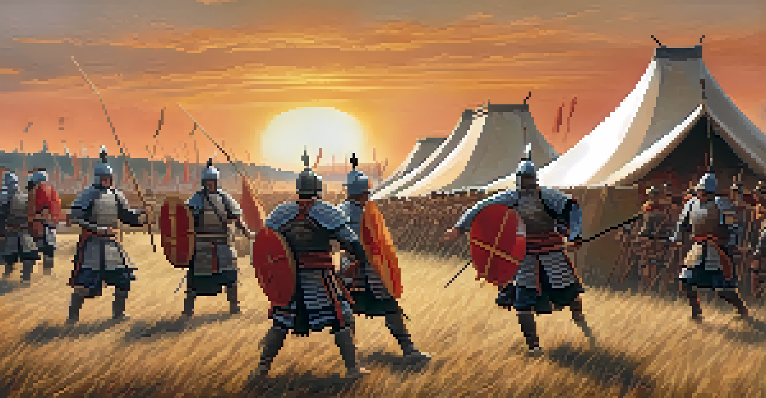 A historical battlefield reenactment featuring warriors from different cultures engaged in a friendly sparring session during sunset.