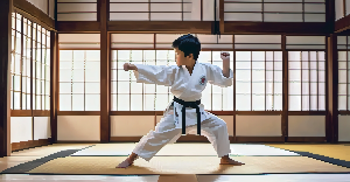 A young martial artist practicing karate in a dojo, showcasing a high kick with soft natural light illuminating the space.