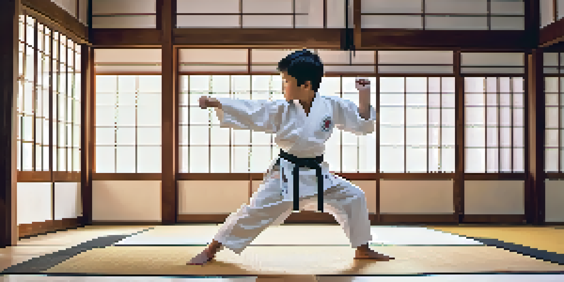 A young martial artist practicing karate in a dojo, showcasing a high kick with soft natural light illuminating the space.