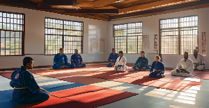 A group of diverse Brazilian Jiu-Jitsu practitioners sitting in a dojo, practicing focused breathing under soft natural light.