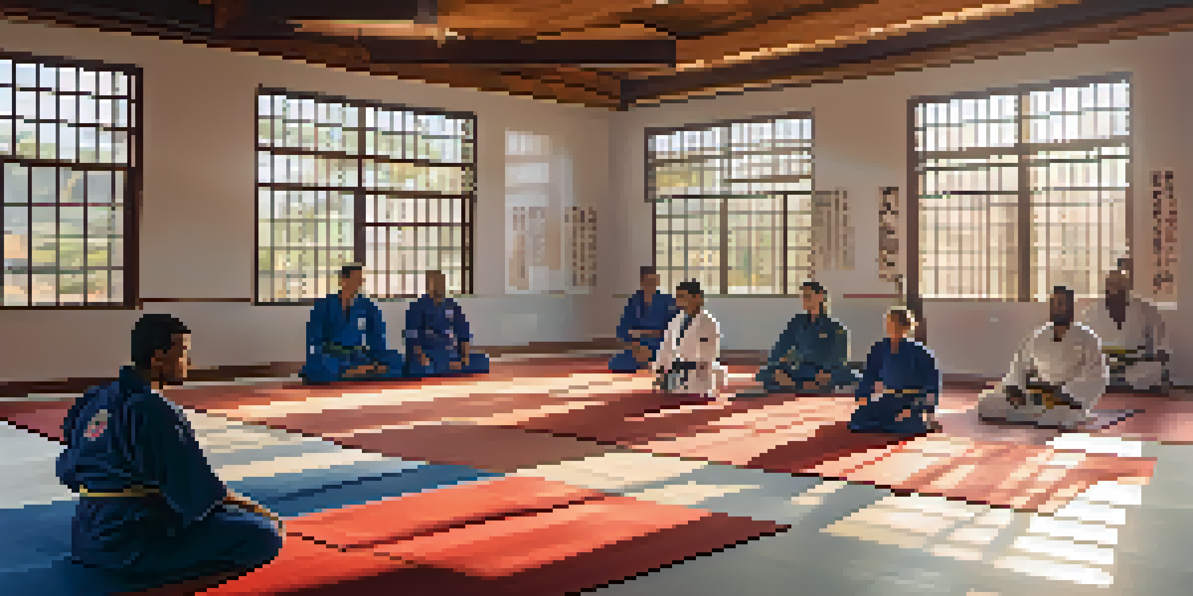 A group of diverse Brazilian Jiu-Jitsu practitioners sitting in a dojo, practicing focused breathing under soft natural light.