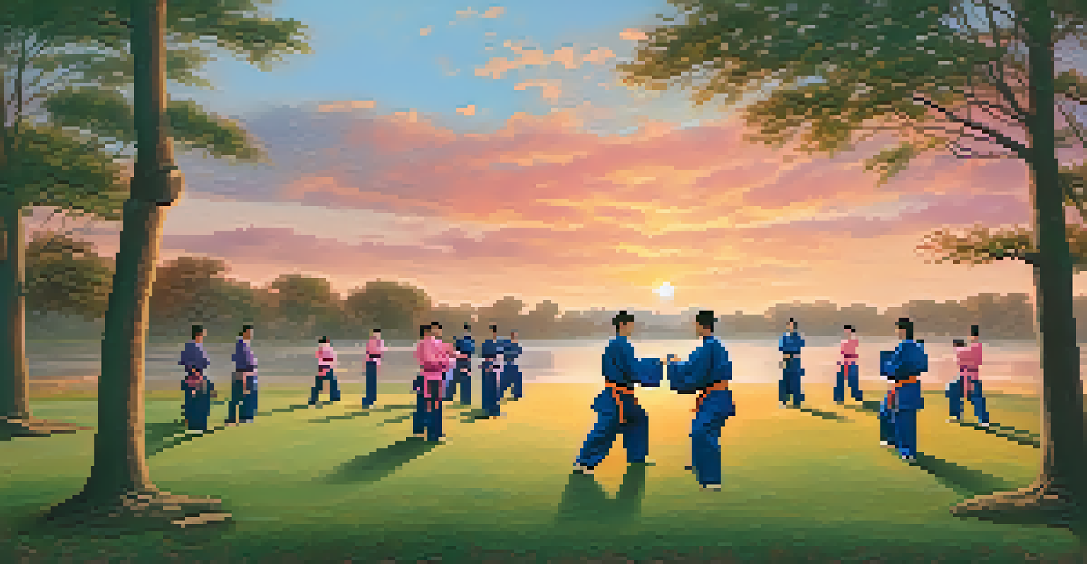 A diverse group of martial arts students practicing under a beautiful sunset in a park, with an instructor demonstrating a technique.
