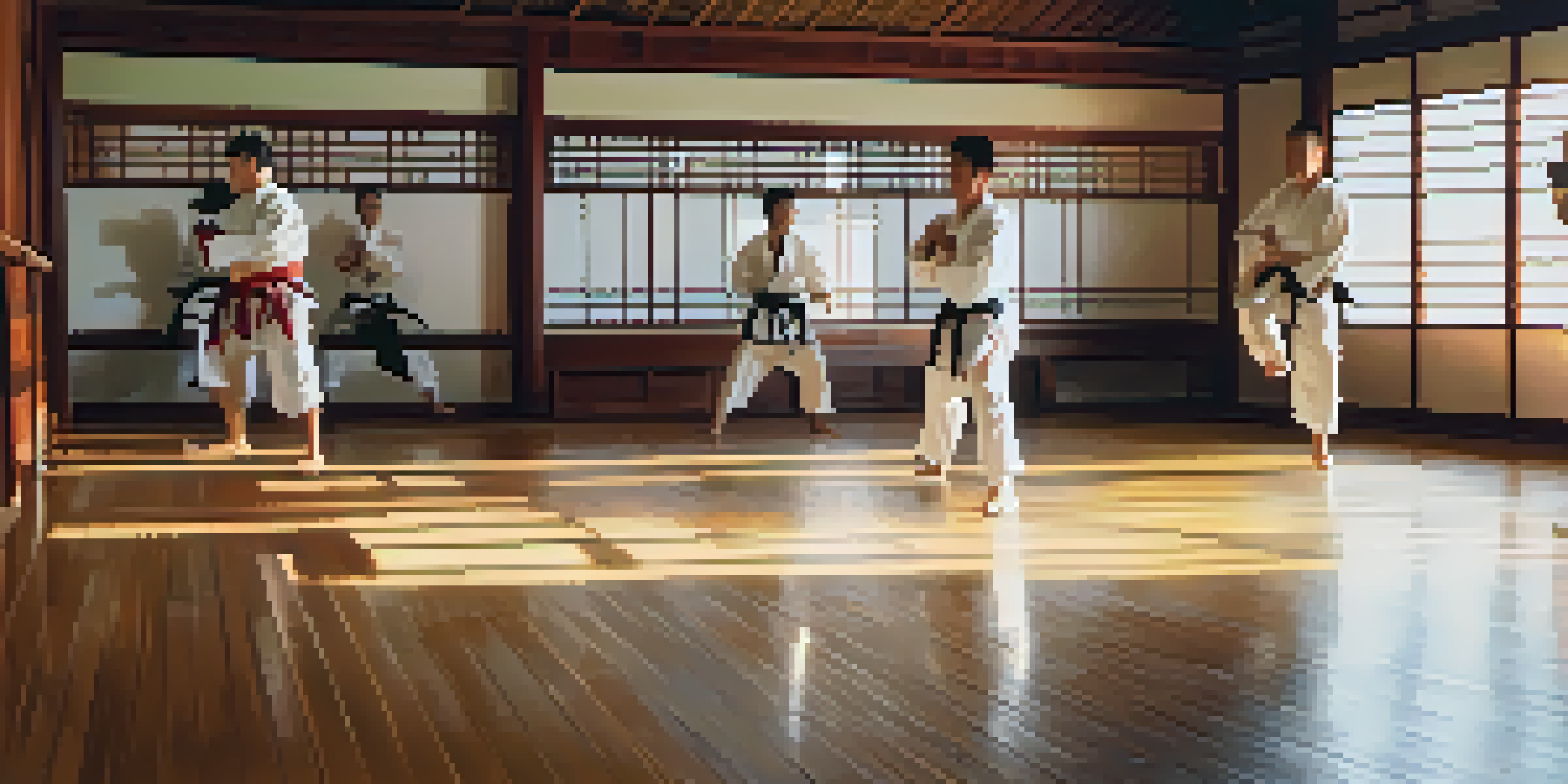 A peaceful dojo with practitioners performing martial arts in unison, illuminated by soft morning light.