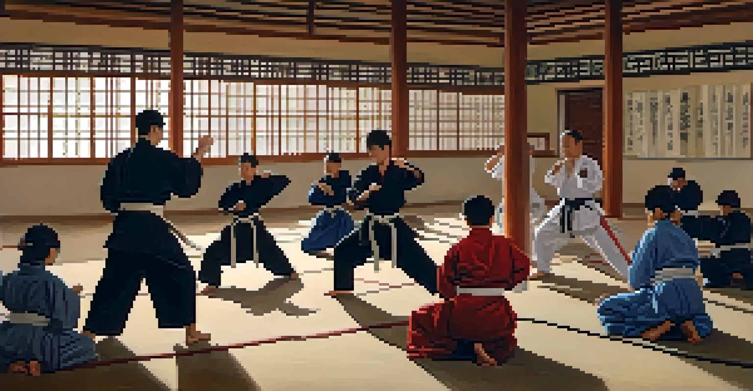 A diverse group of martial arts students practicing together under the guidance of a female instructor.