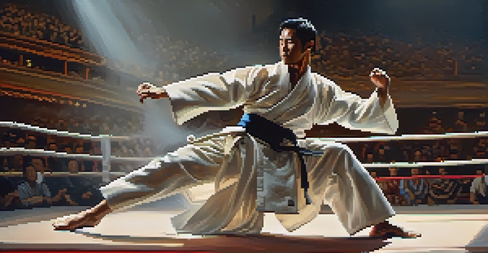 A martial artist performing on stage, showcasing dynamic movements under dramatic lighting with a blurred audience in the background.