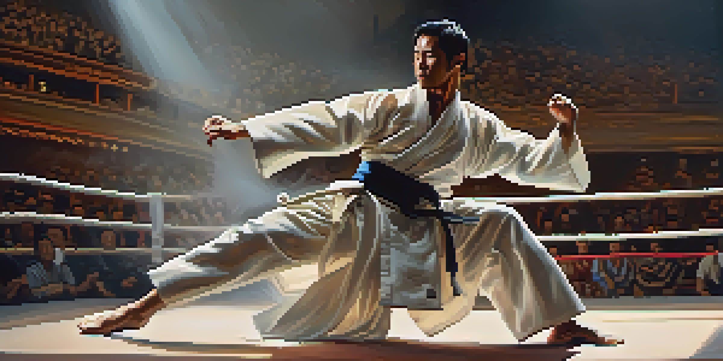 A martial artist performing on stage, showcasing dynamic movements under dramatic lighting with a blurred audience in the background.