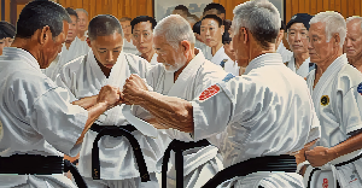 A veteran carefully tying their martial arts belt, with blurred figures training in the background, showcasing the focus and discipline involved.