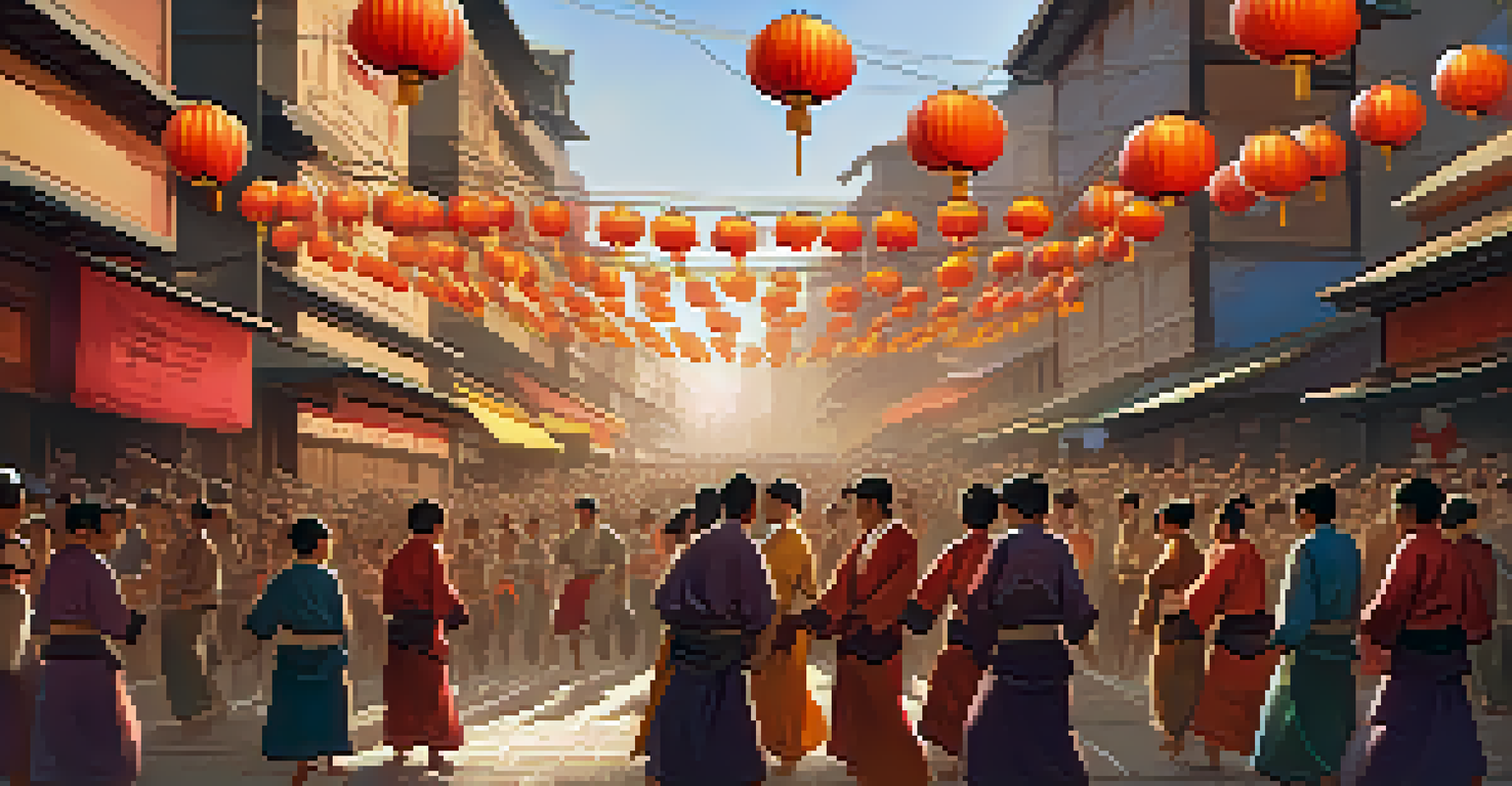 A lively martial arts festival in an urban setting, with performers showcasing their skills and a crowd enjoying the vibrant atmosphere.