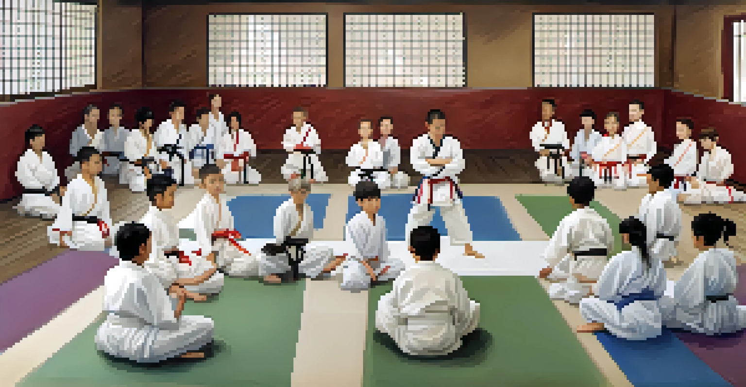 A diverse group of martial arts students train together in a dojo, demonstrating teamwork and respect.