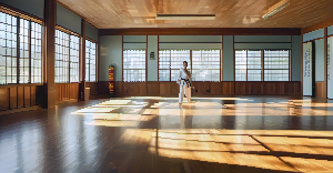 A peaceful dojo with students practicing martial arts exercises focused on empathy, illuminated by warm morning light.