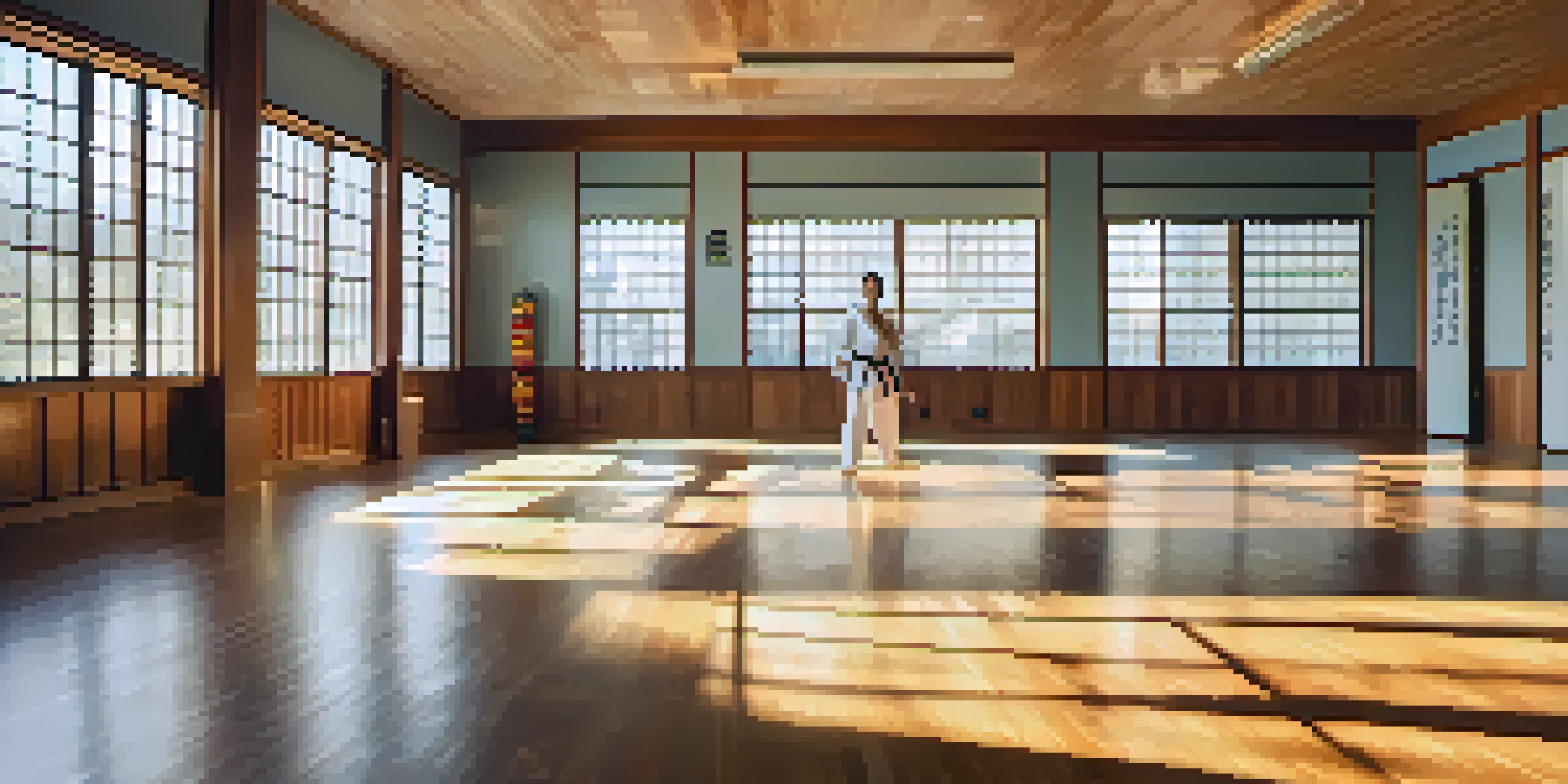 A peaceful dojo with students practicing martial arts exercises focused on empathy, illuminated by warm morning light.