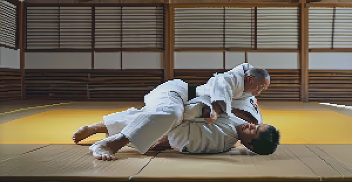A judo practitioner executing a throw in a dojo, demonstrating the technique with clarity and focus.