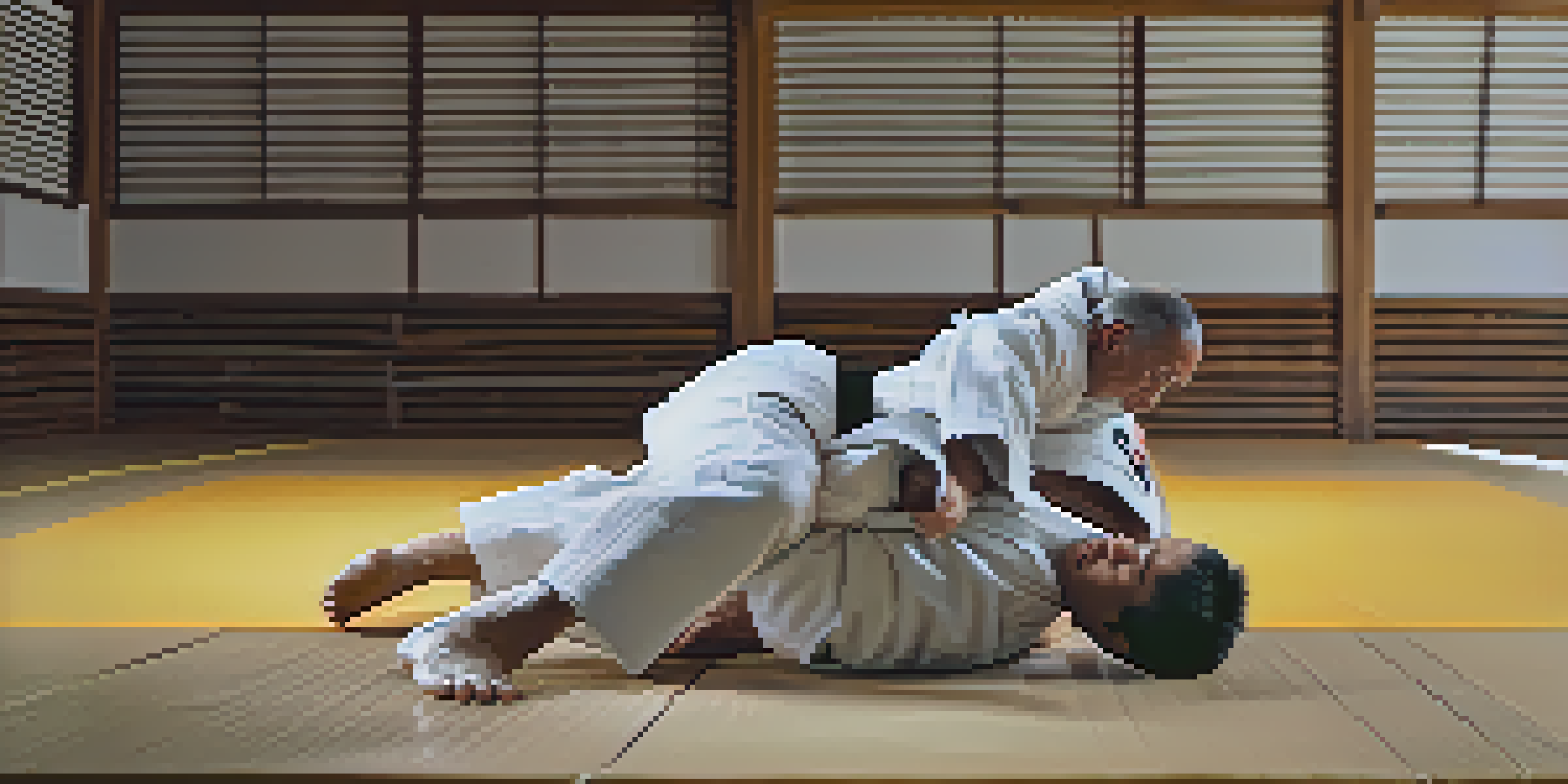 A judo practitioner executing a throw in a dojo, demonstrating the technique with clarity and focus.