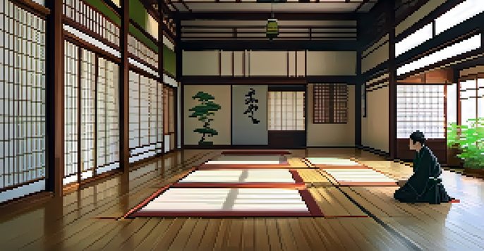 A martial artist practicing kata in a peaceful dojo with soft lighting and wooden floors.