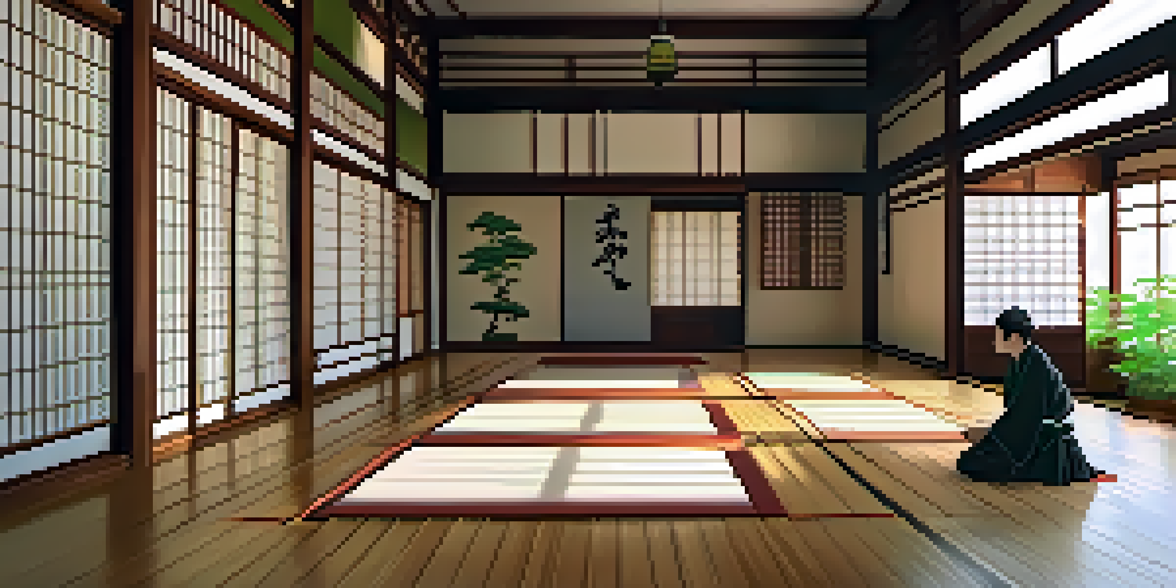 A martial artist practicing kata in a peaceful dojo with soft lighting and wooden floors.