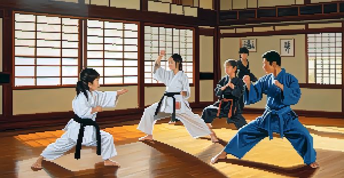 A family practicing martial arts together in a dojo, with a father demonstrating a kick and children performing synchronized punches.