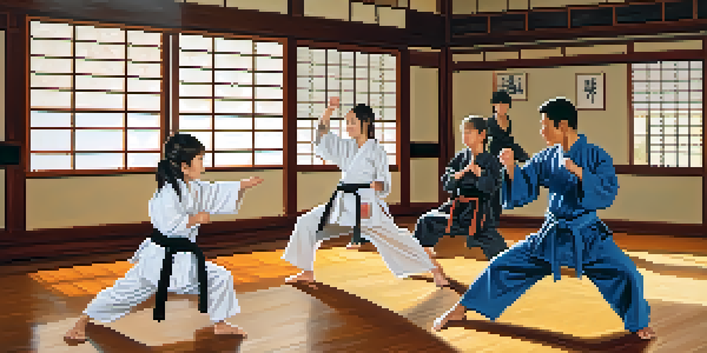 A family practicing martial arts together in a dojo, with a father demonstrating a kick and children performing synchronized punches.