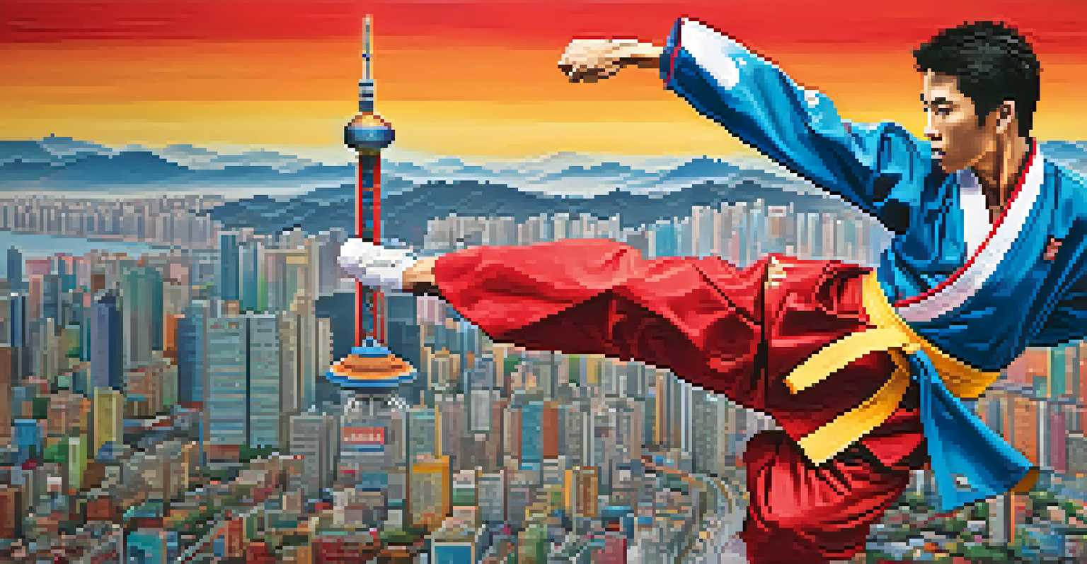 A Taekwondo practitioner performing a high kick with South Korean cultural symbols and a city skyline in the background.