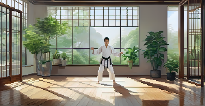 A martial artist in a white gi practicing mindful breathing in a tranquil training space with wooden floors and soft natural light.