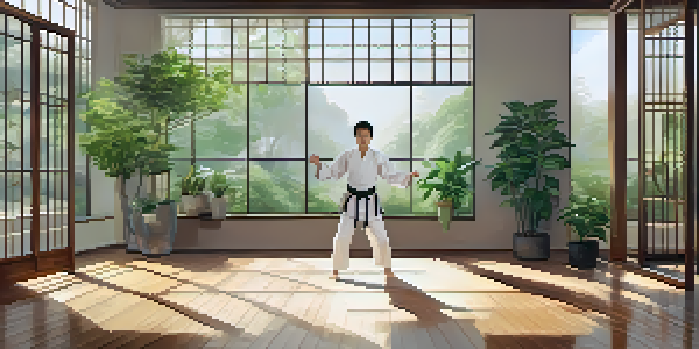 A martial artist in a white gi practicing mindful breathing in a tranquil training space with wooden floors and soft natural light.