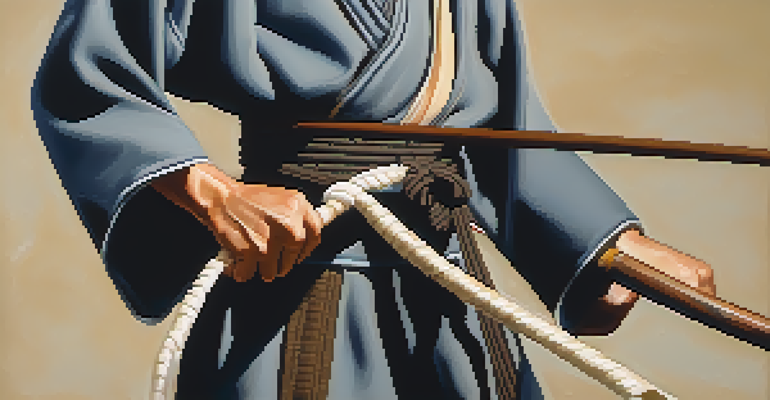 A close-up of a martial artist's hands performing a traditional bow, emphasizing the fabric textures and gesture of respect.