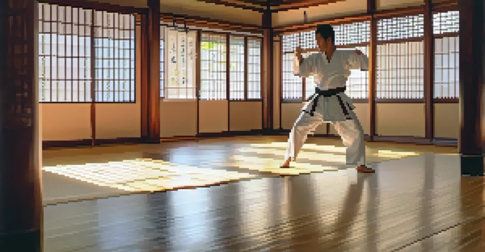 A martial artist practicing a kick in a tranquil dojo filled with sunlight and decorated with martial arts posters.